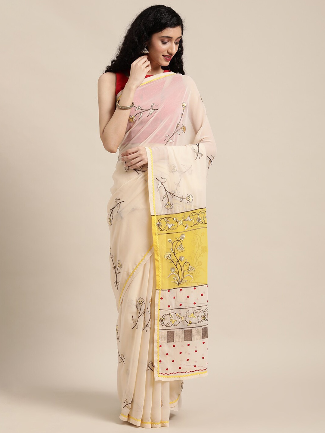 

HRITIKA Floral Embroidered Pure Georgette Saree, Beige