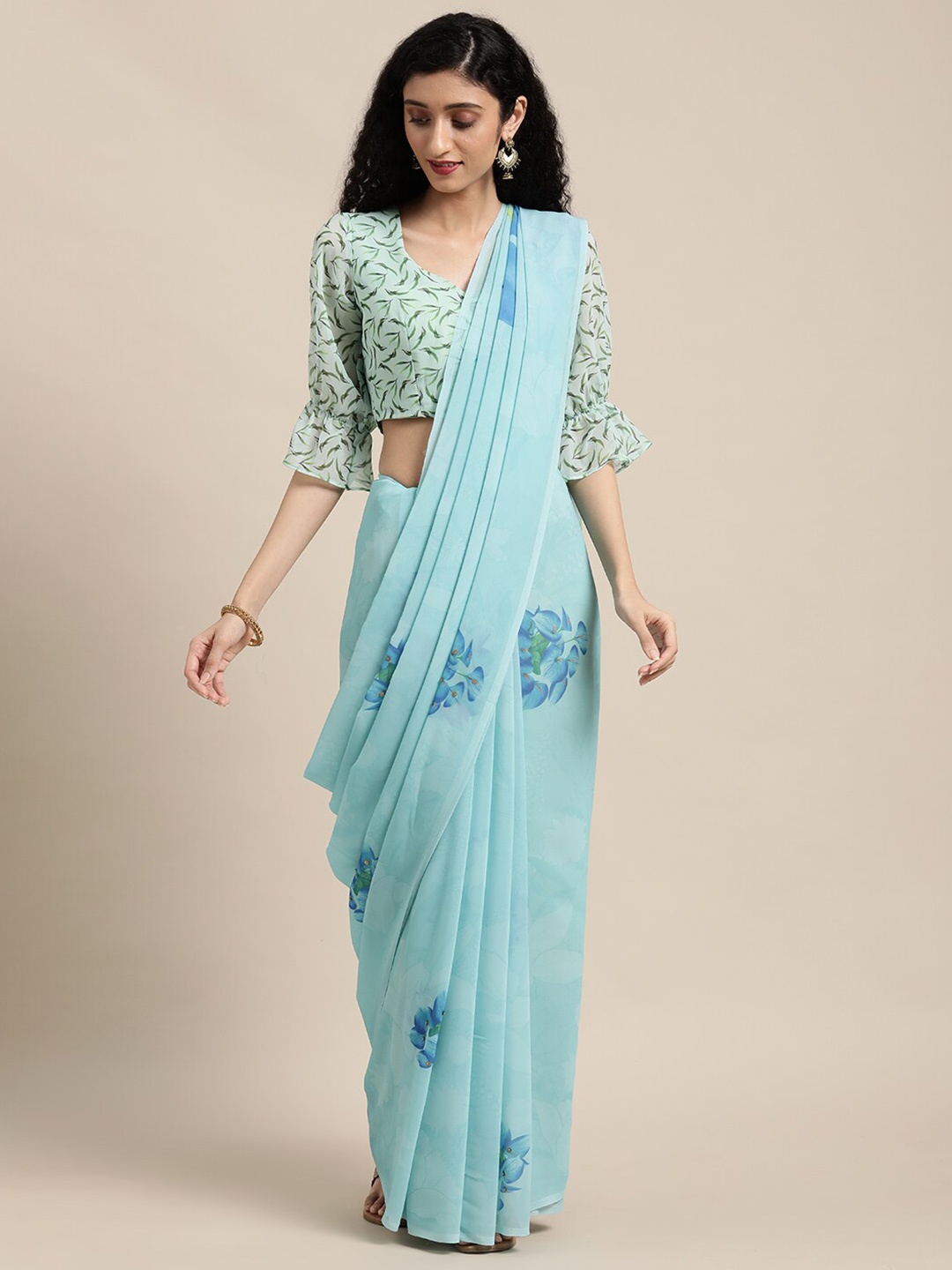 

HRITIKA Floral Printed Beads and Stones Pure Georgette Saree, Sea green