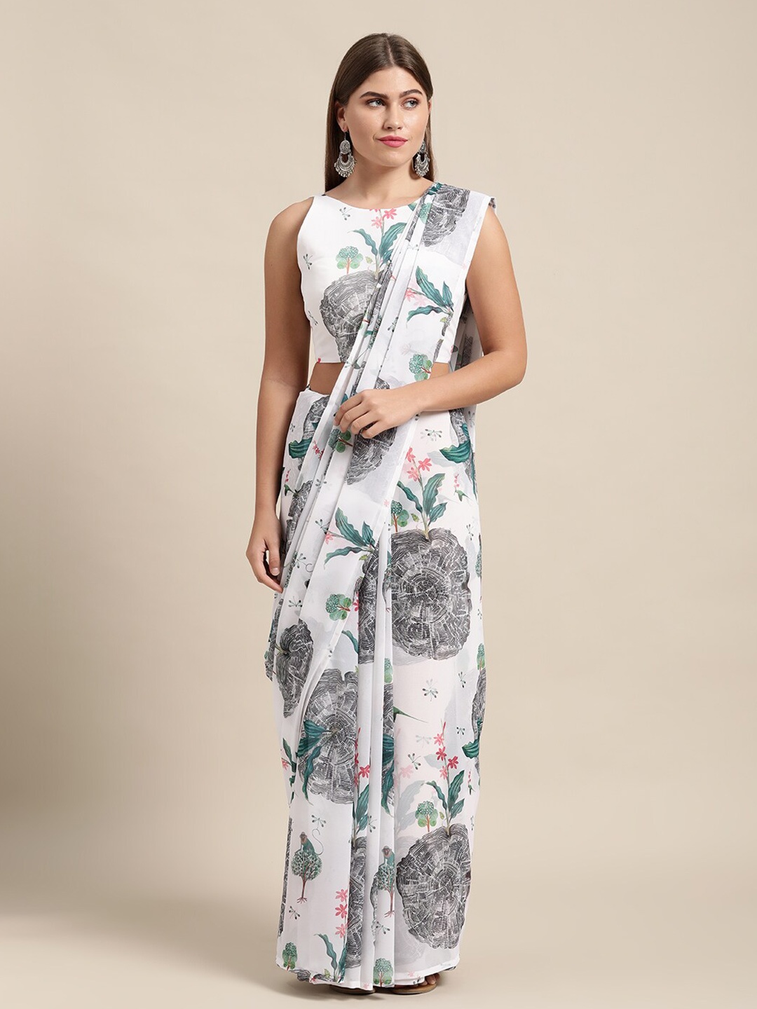 

KALINI Floral Printed Pure Georgette Saree, White
