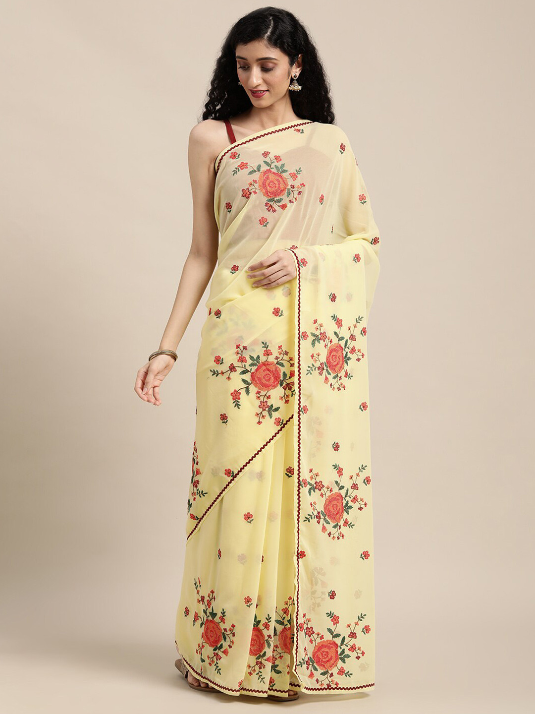 

KALINI Lime Floral Embroidered Pure Georgette Saree, Lime green