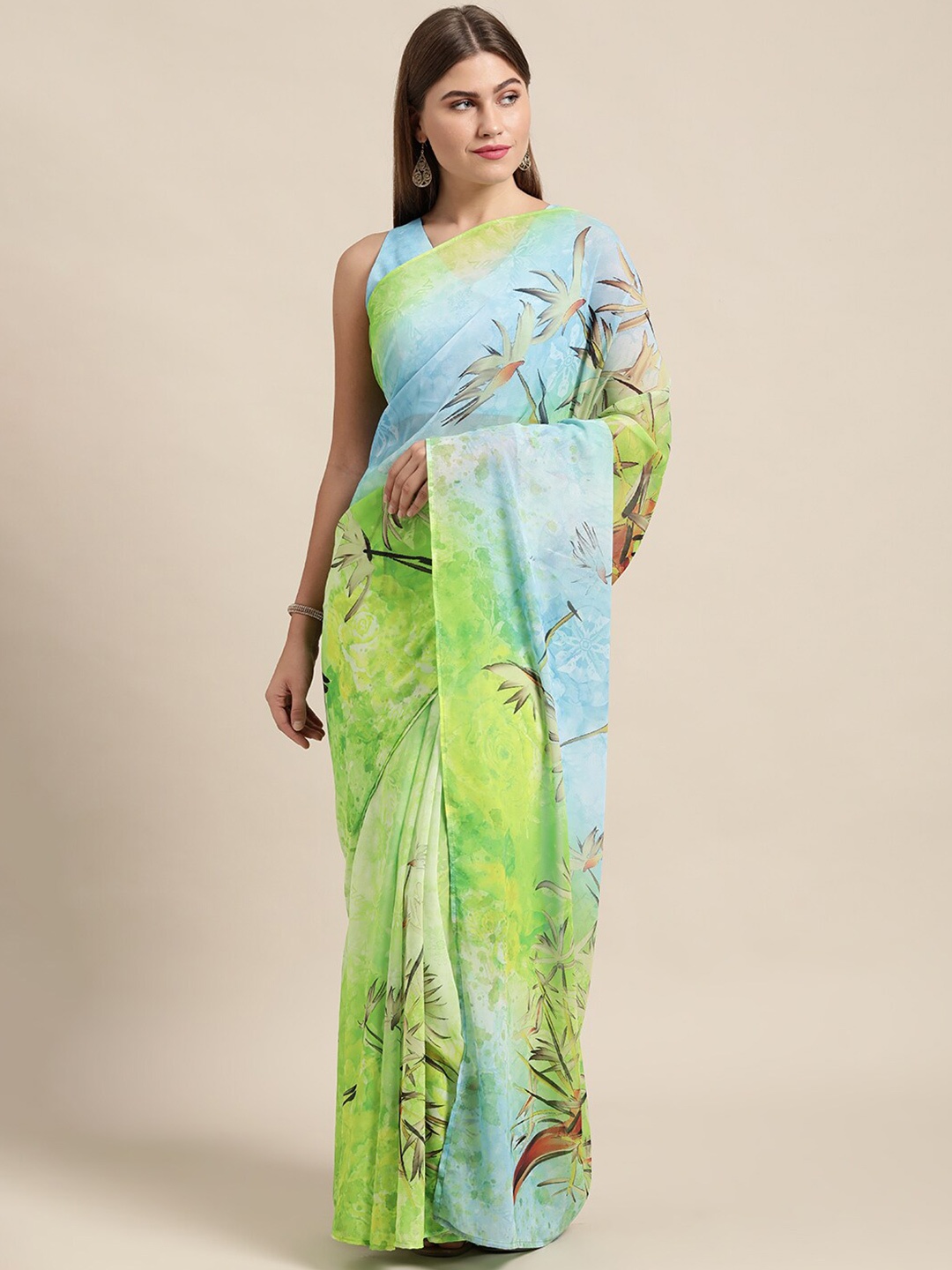 

KALINI Floral Pure Printed Georgette Saree, Green
