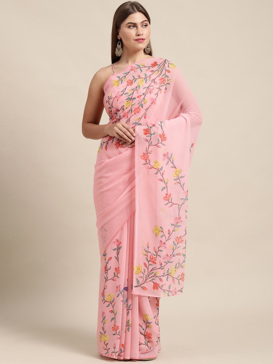 

KALINI Floral Printed Beads and Stones Embellished Pure Georgette Saree, Pink