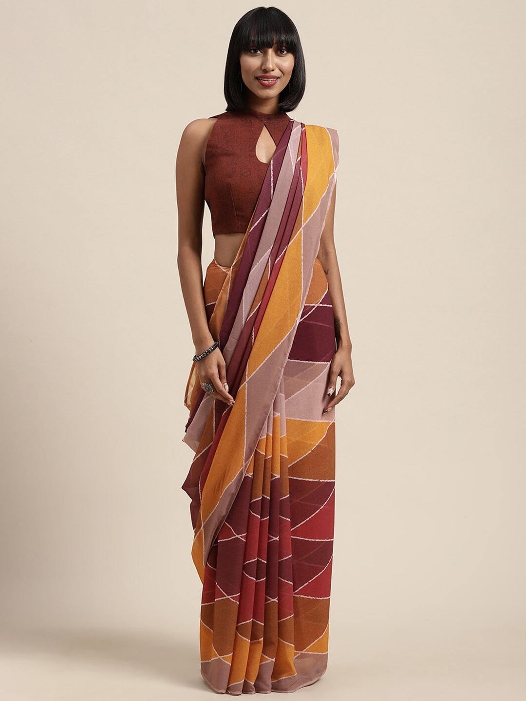 

KALINI Geometric Printed Pure Georgette Saree, Red