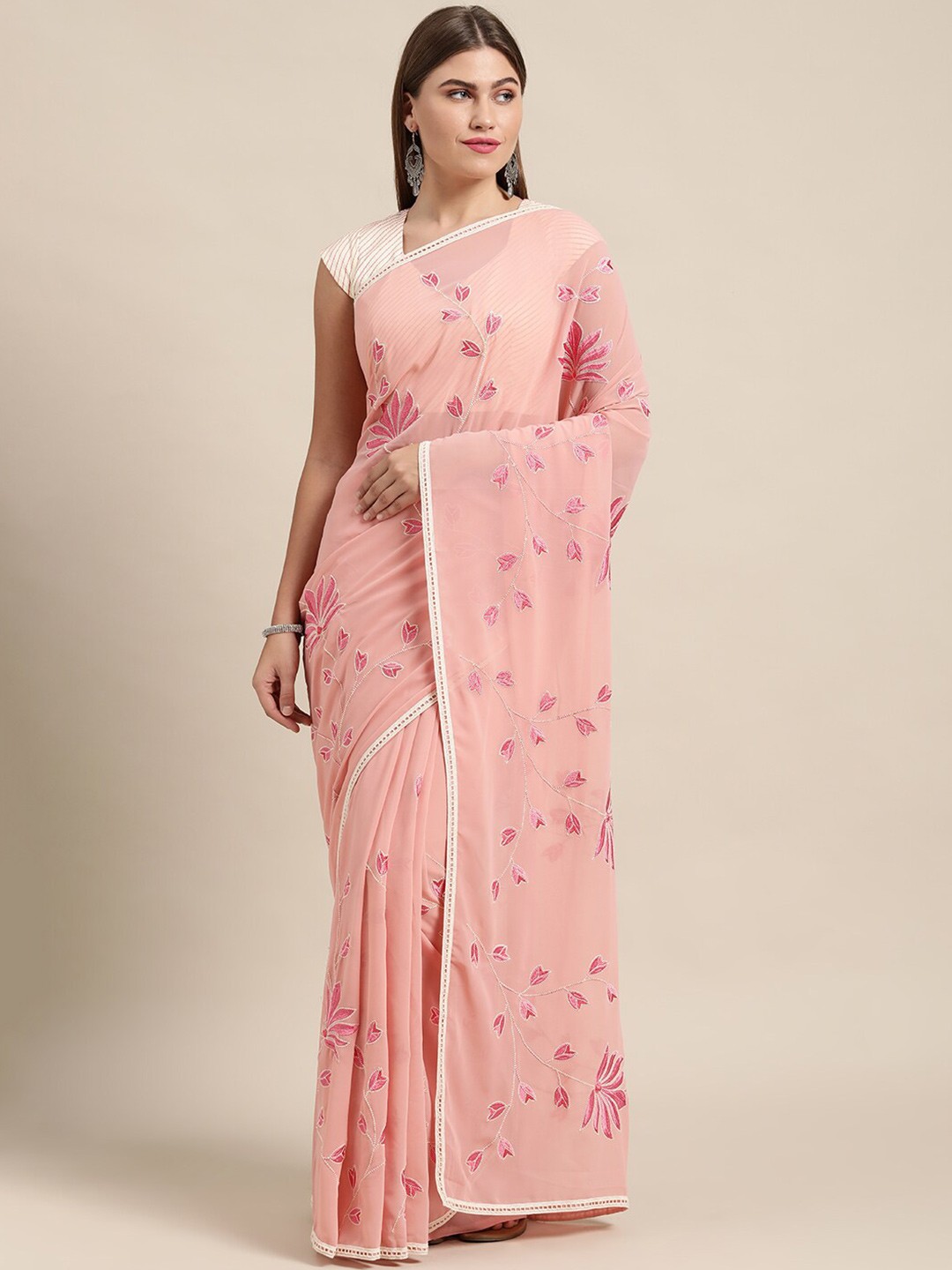 

KALINI Pink & White Floral Embroidered Pure Georgette Saree