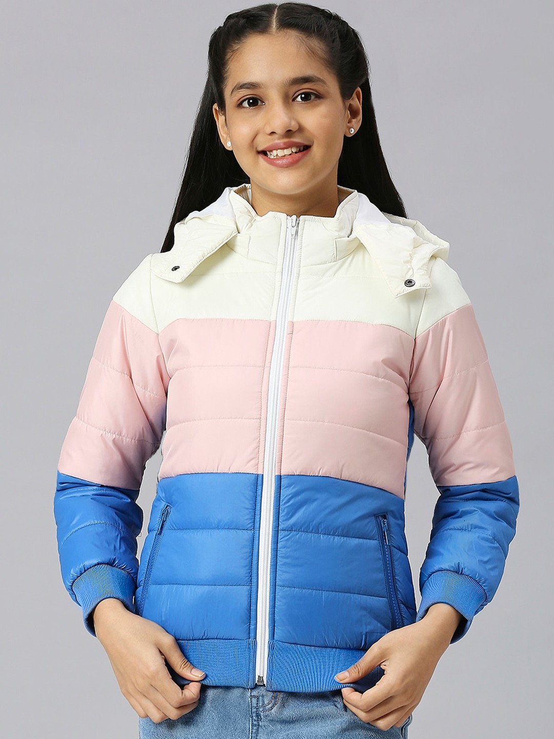 

JUSTICE Girls Colourblocked Puffer Jacket, Cream