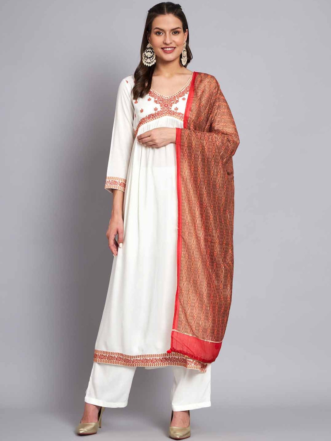 

KALINI Floral Yoke Design V-Neck Thread Work A-Line Kurta With Dupatta, White