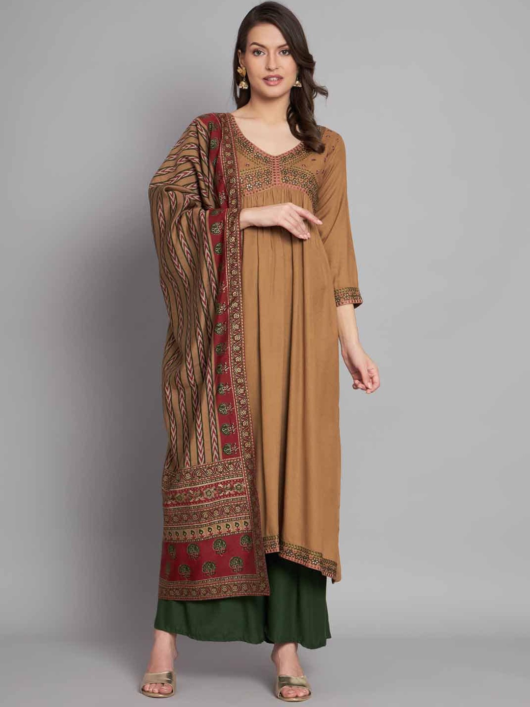 

KALINI Thread Work V-Neck A-Line Kurta & Dupatta Set, Brown