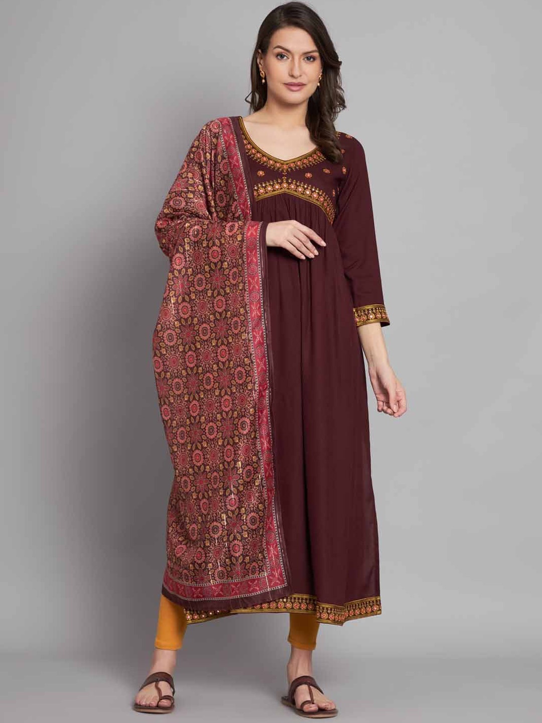 

KALINI Thread Work V-Neck A-Line Kurta & Dupatta Set, Maroon