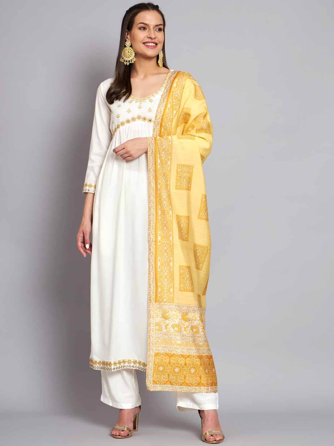 

KALINI Floral Yoke Design V-Neck Thread Work A-Line Kurta With Dupatta, White