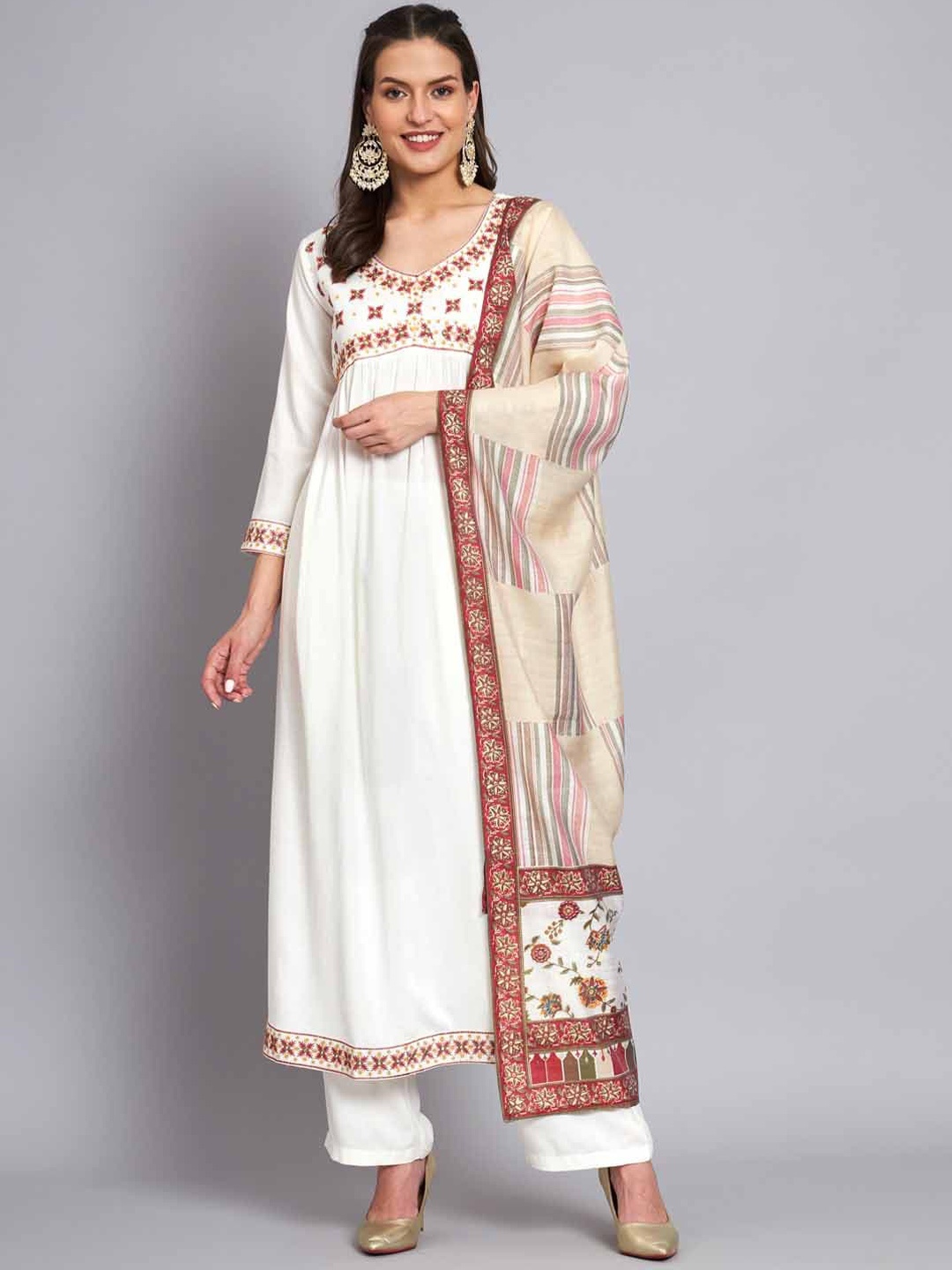 

KALINI Yoke Design Solid Embroidered Anarkali Kurta With Dupatta, White