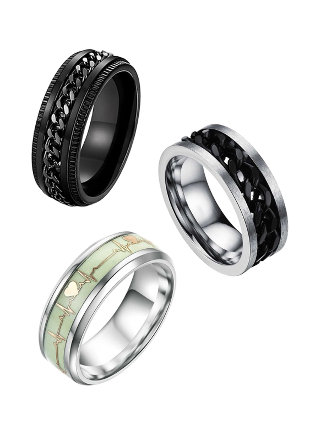 

MEENAZ Unisex Pack of 3 Silver-Plated Stainless Steel Rings