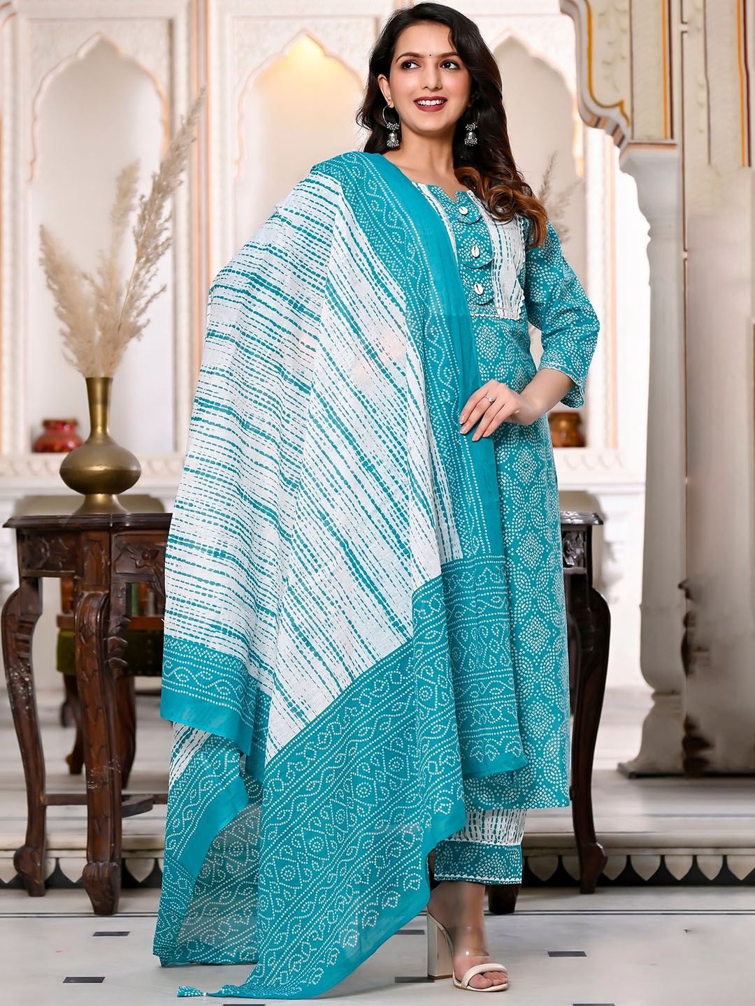 

MissKurti Bandhani Printed Gotta Patti Pure Cotton Straight Kurta & Trouser With Dupatta, Turquoise blue