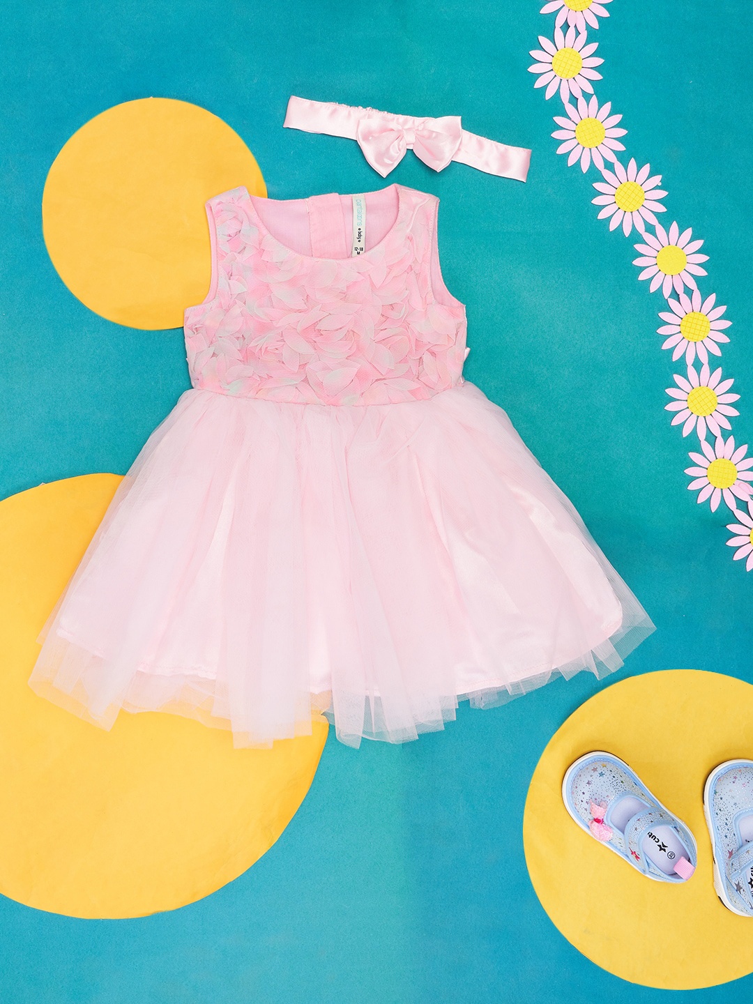 

Pantaloons Baby Girls Self Design Applique Cotton Fit & Flare Tulle Dress With Headband, Pink