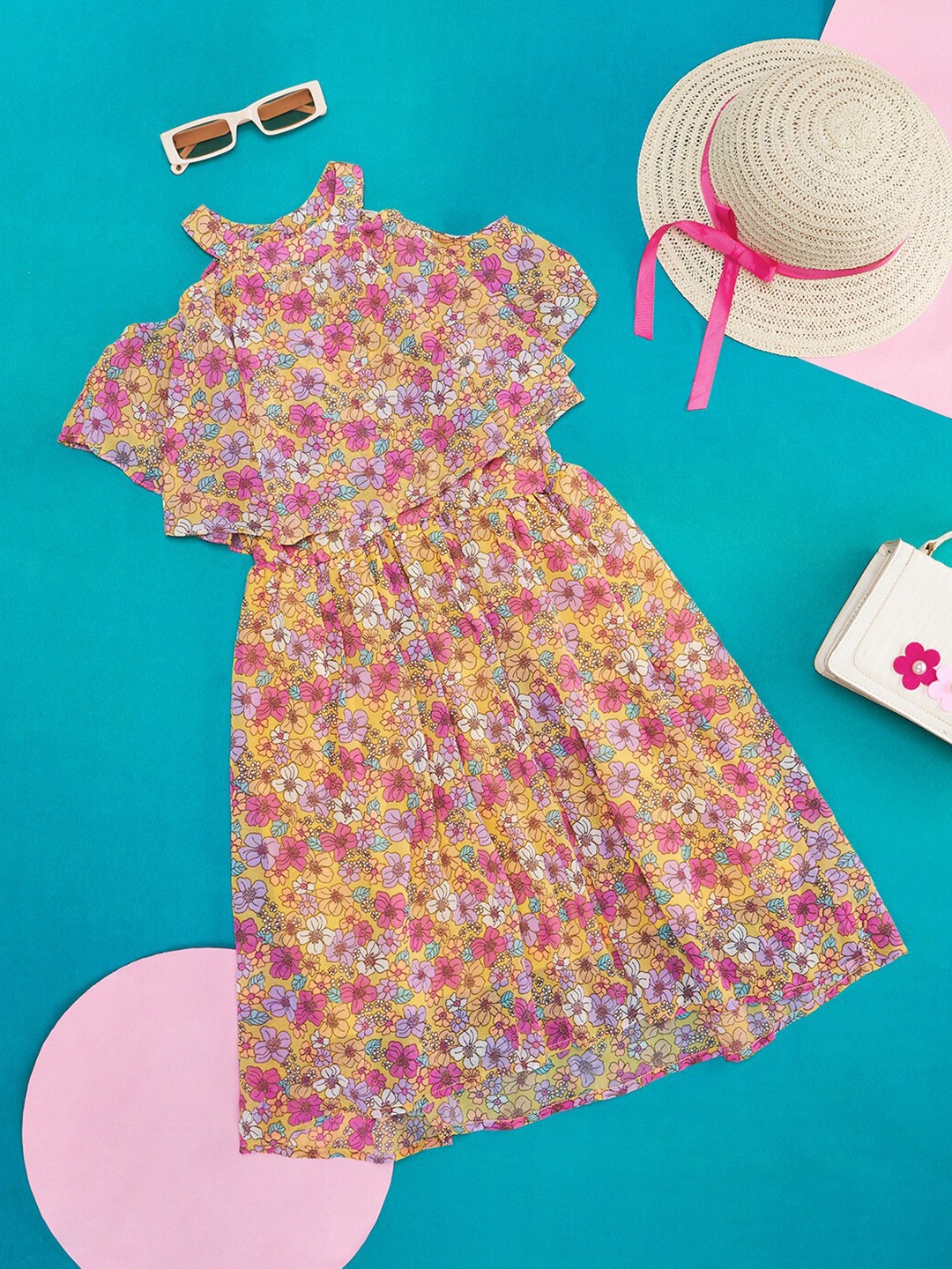 

Pantaloons Junior Girls Floral Printed Cold Shoulder Sleeves Georgette Fit & Flare Dress, Yellow