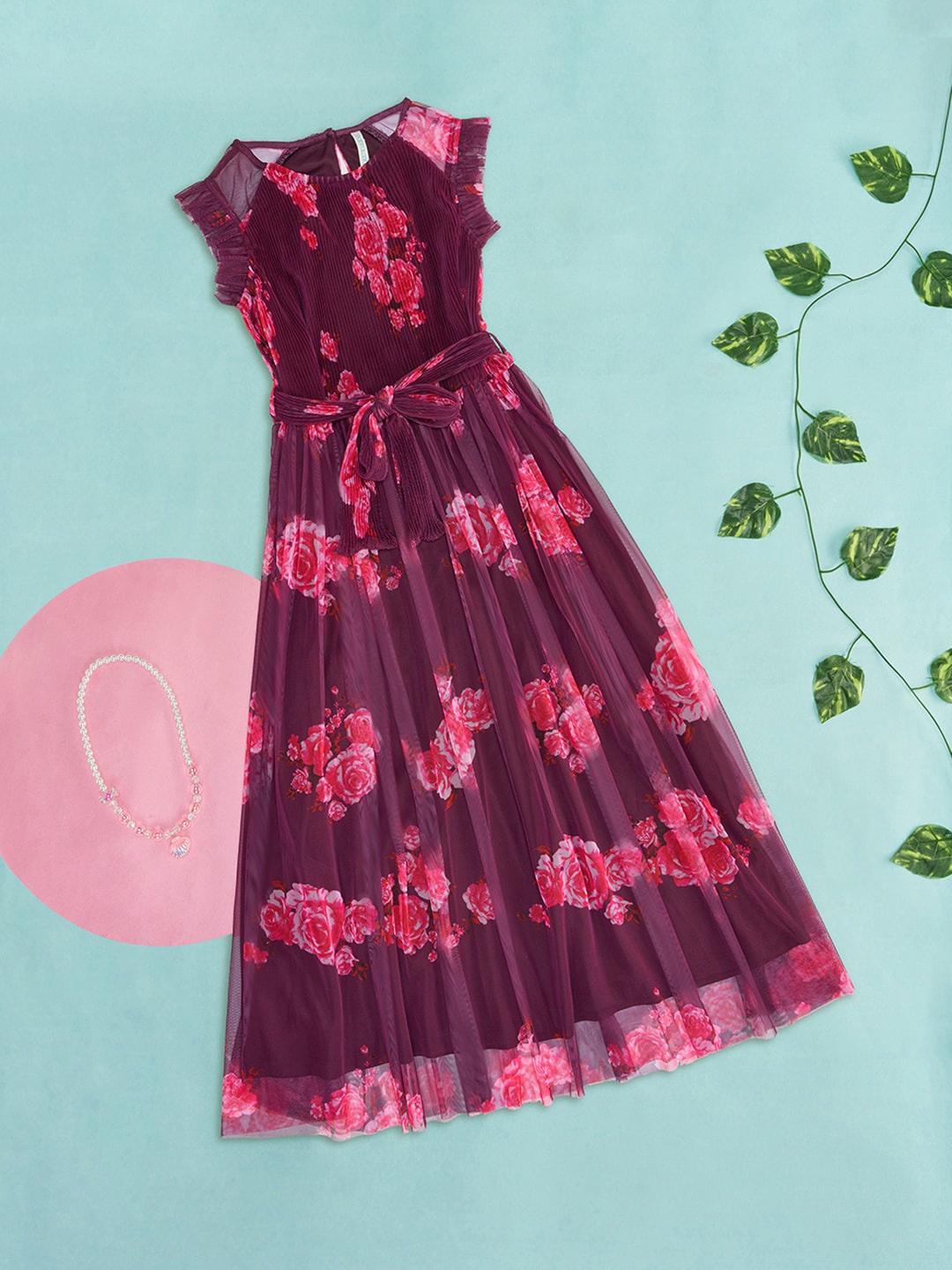 

Pantaloons Junior Girls Floral Printed Cap Sleeve Belted Cotton Fit & Flare Dress, Burgundy