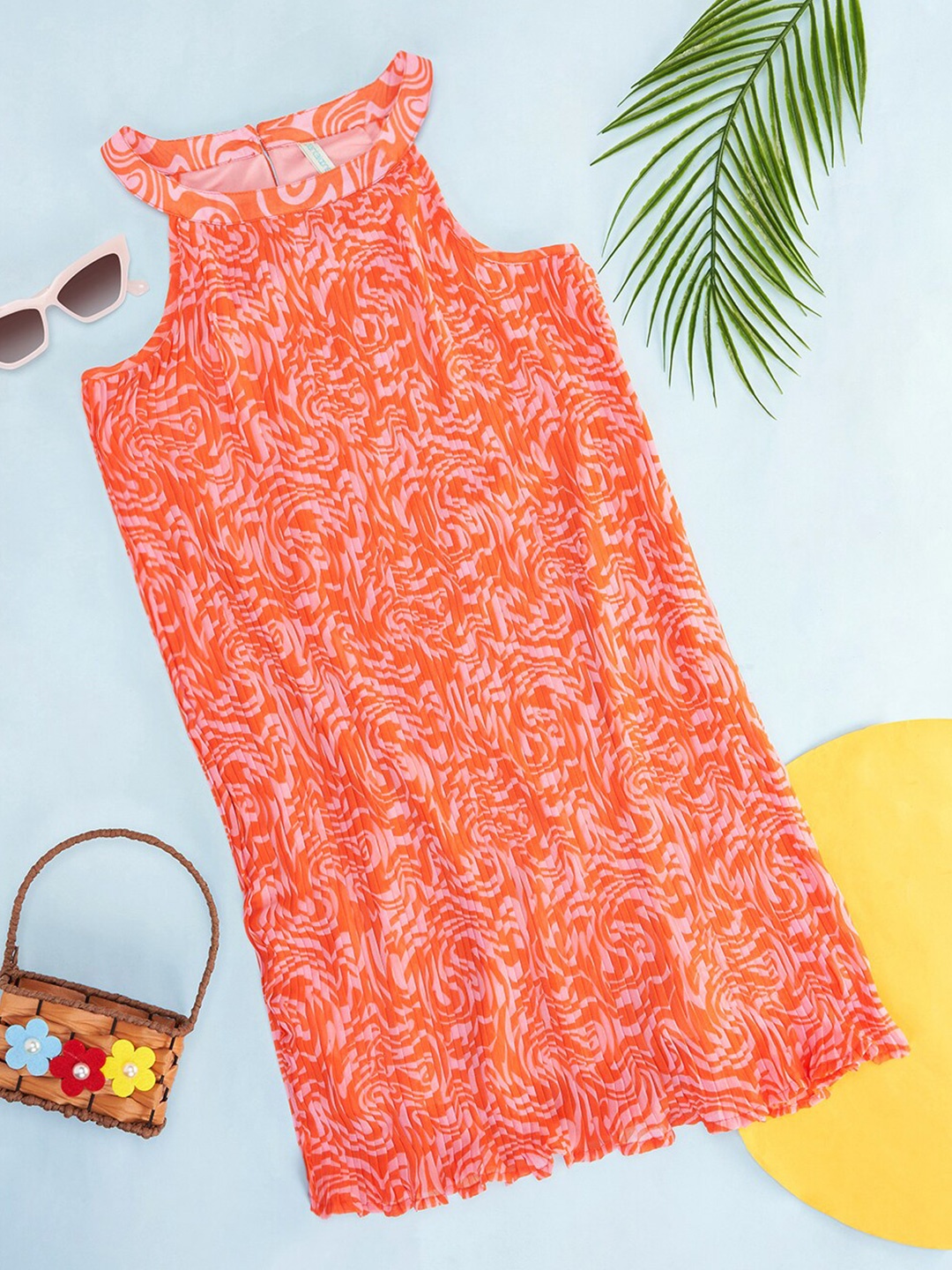 

Pantaloons Junior Girls Abstract Printed Accordion Pleats Georgette A Line Dress, Orange