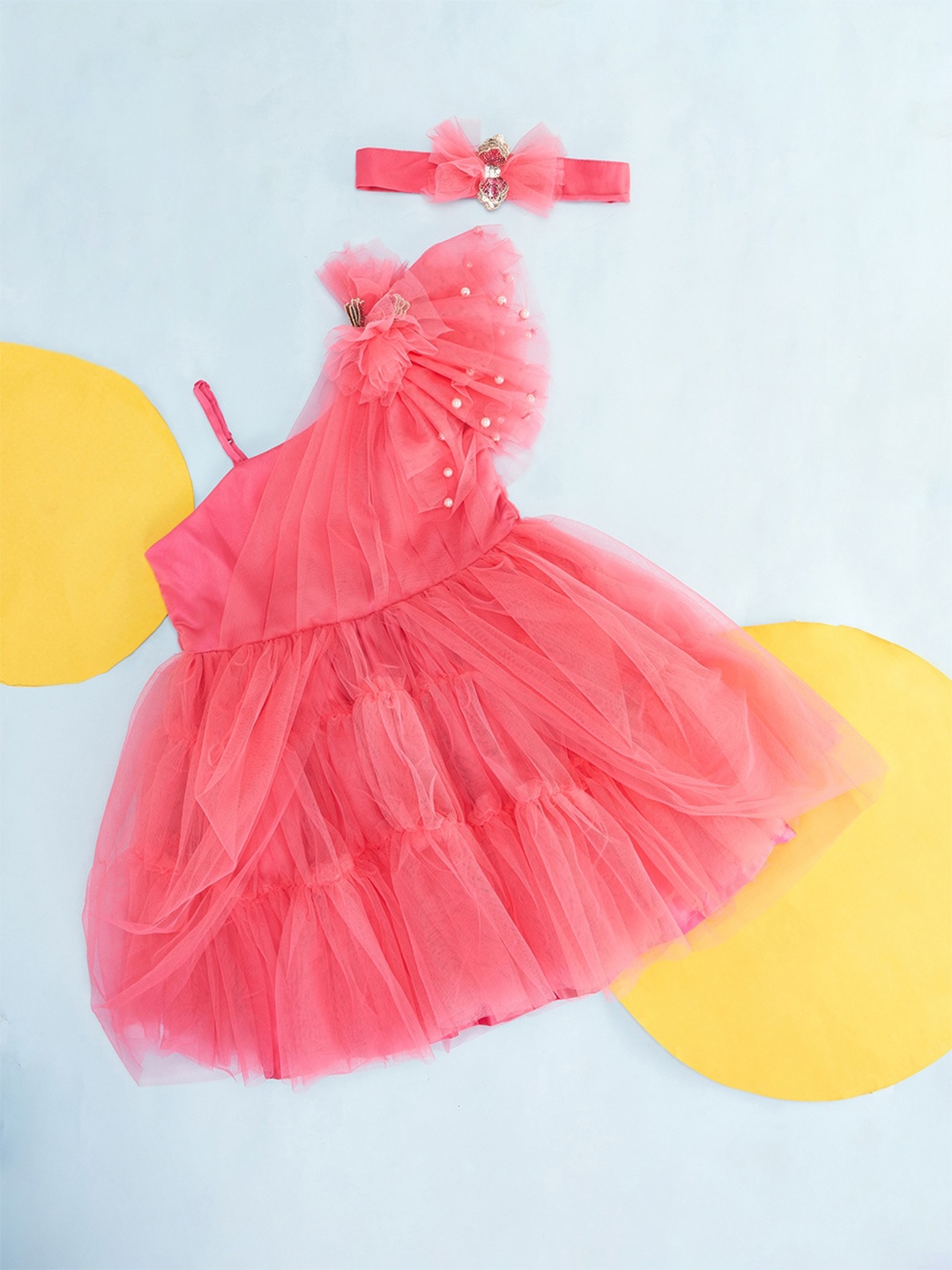 Pantaloons Junior Girls Self Design One Shoulder Ruffled Fit & Flare Dress With Headband, Coral