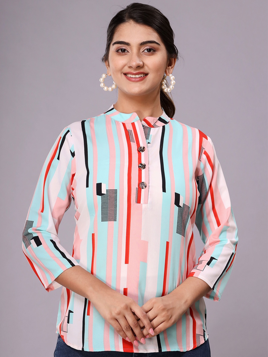 

Fab Star Striped Mandarin Collar Crepe Top, Blue