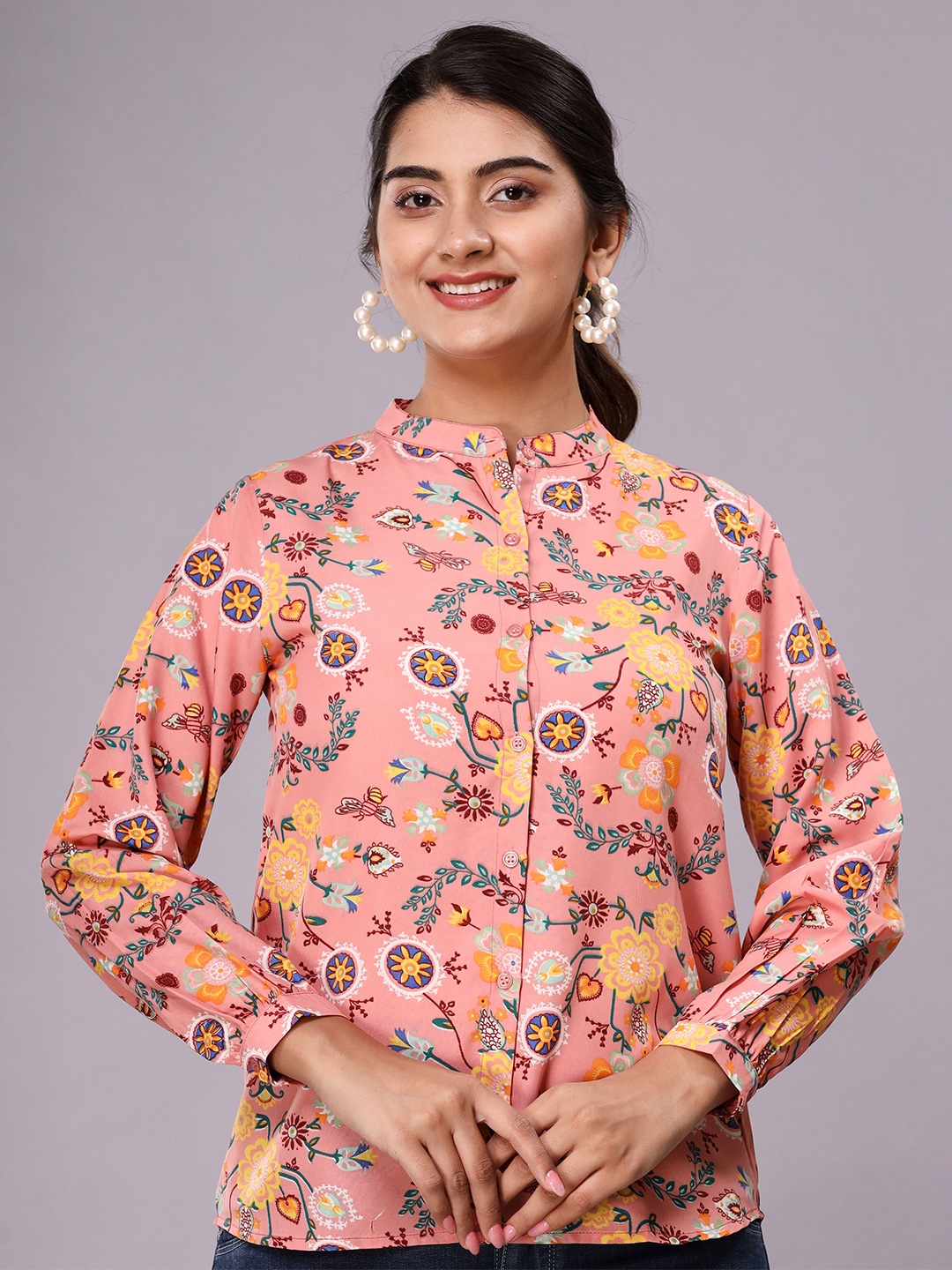 

Fab Star Ethnic Motifs Printed Band Collar Crepe Top, Coral