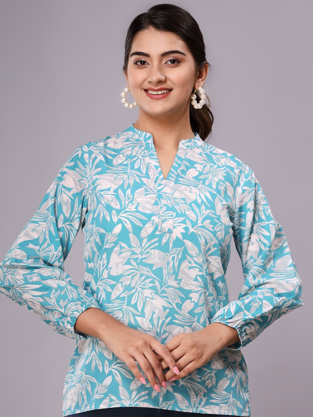 

Fab Star Floral Printed Mandarin Collar Crepe Top, White