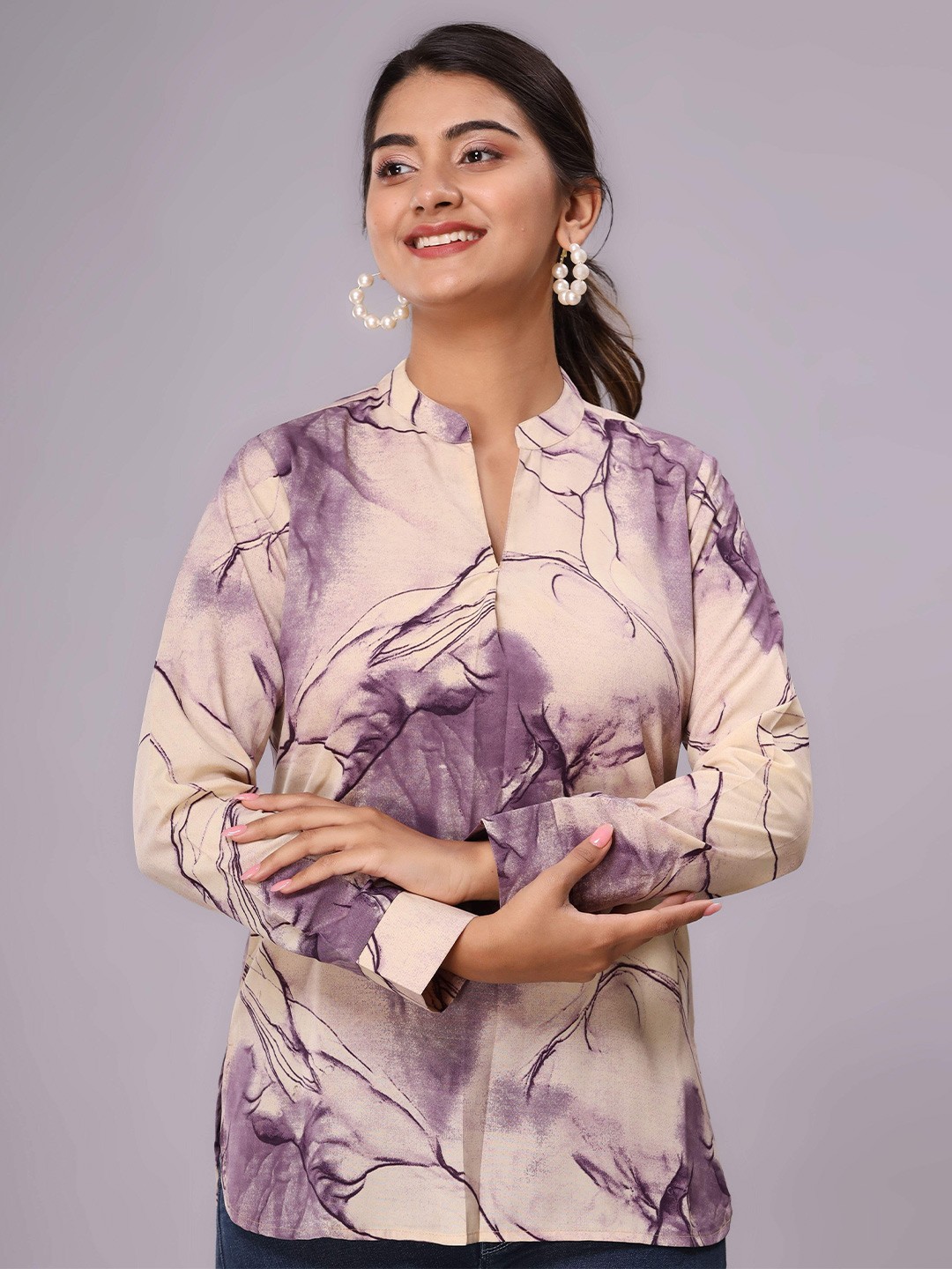 

Fab Star Abstract Printed Mandarin Collar Crepe Top, Brown