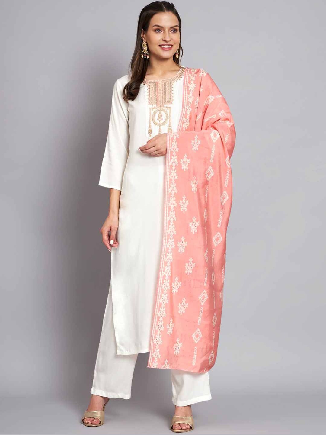 

KALINI Ethnic Motifs Yoke Design Regular Zari Work Kurta With Trousers & Dupatta, White