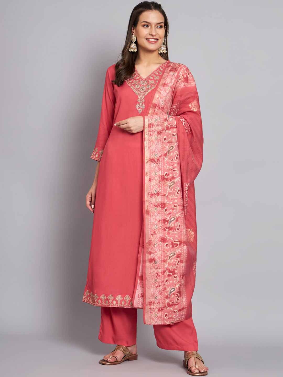 

KALINI Ethnic Motifs Embroidered Regular Zari Work Kurta with Palazzos & Dupatta, Pink
