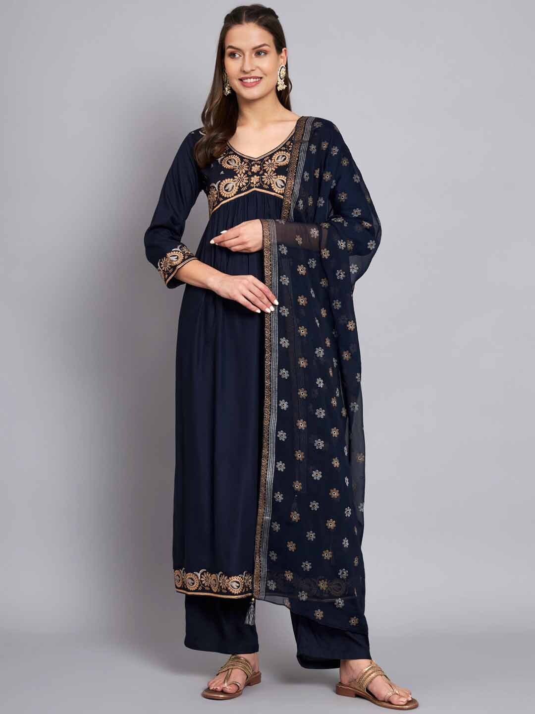 

KALINI Ethnic Motifs Embroidered Regular Zari Work Kurta with Palazzos & Dupatta, Navy blue