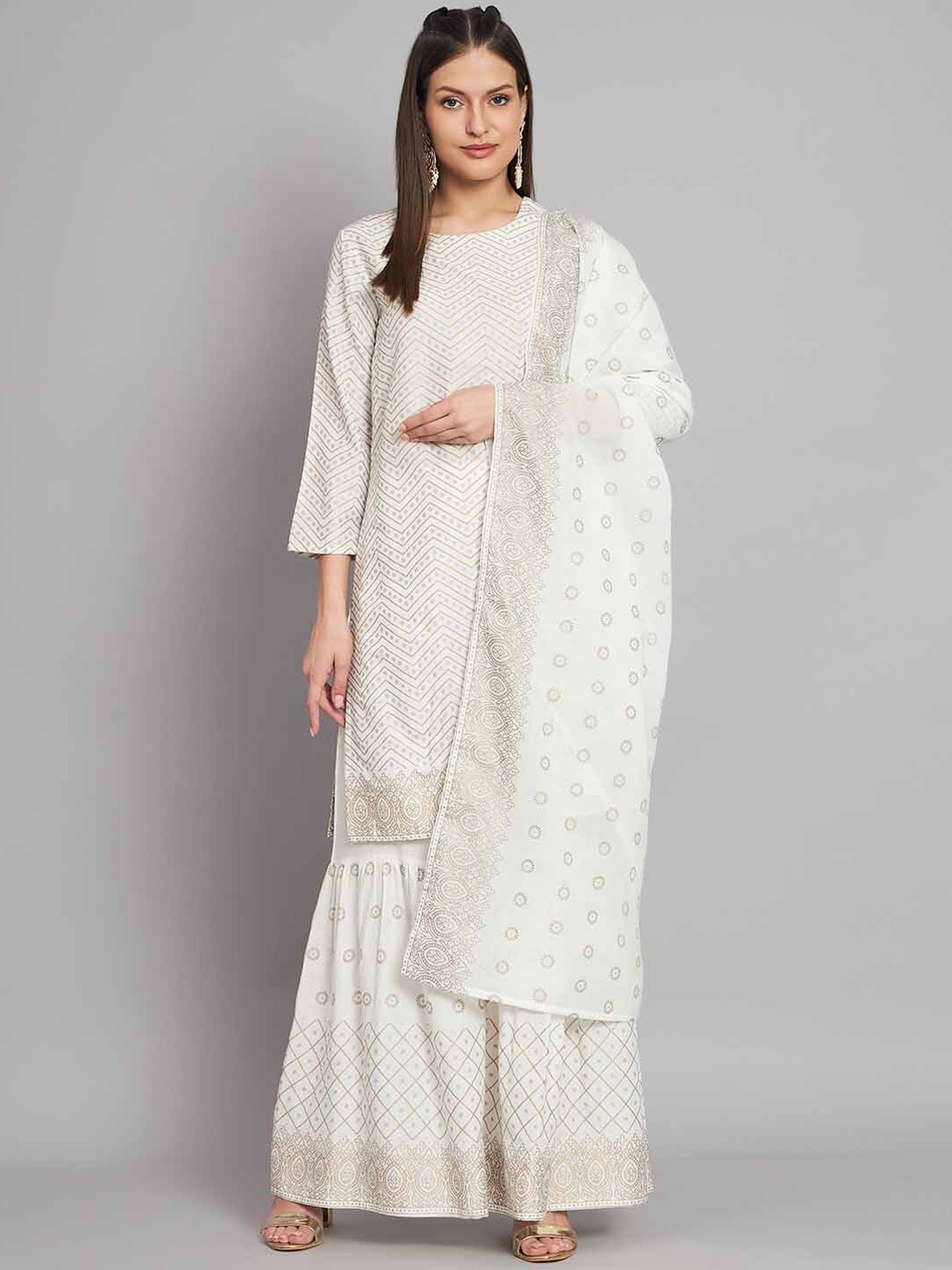 

KALINI Ethnic Motifs Printed Straight Kurta & Sharara With Dupatta, White