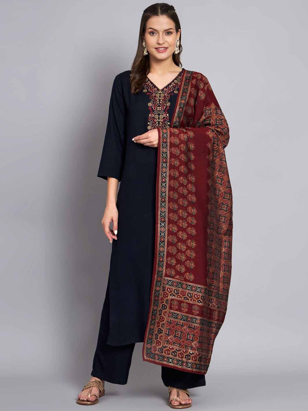 

KALINI Ethnic Motifs Yoke Design Thread Work Kurta & Trousers With Dupatta, Navy blue