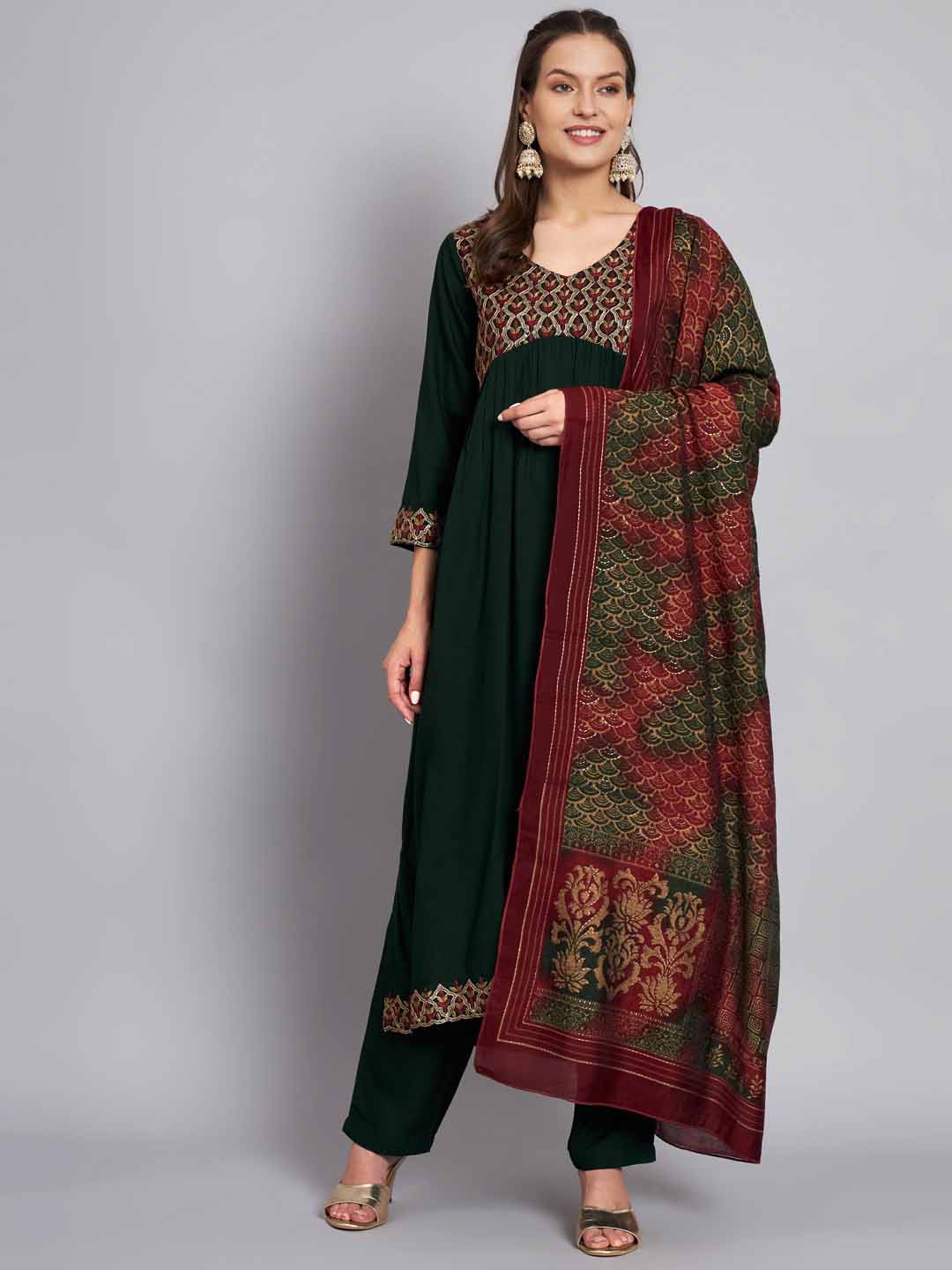 

KALINI Ethnic Motifs Yoke Design Pleated Sequinned Kurta & Trousers With Dupatta, Green