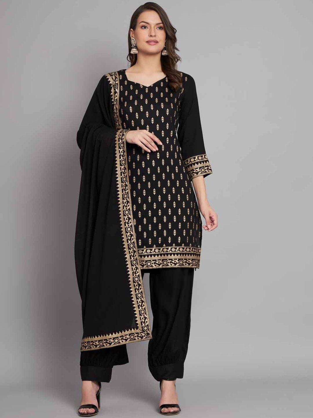 

KALINI Ethnic Motifs Printed V-Neck Kurta & Salwar with Dupatta, Black