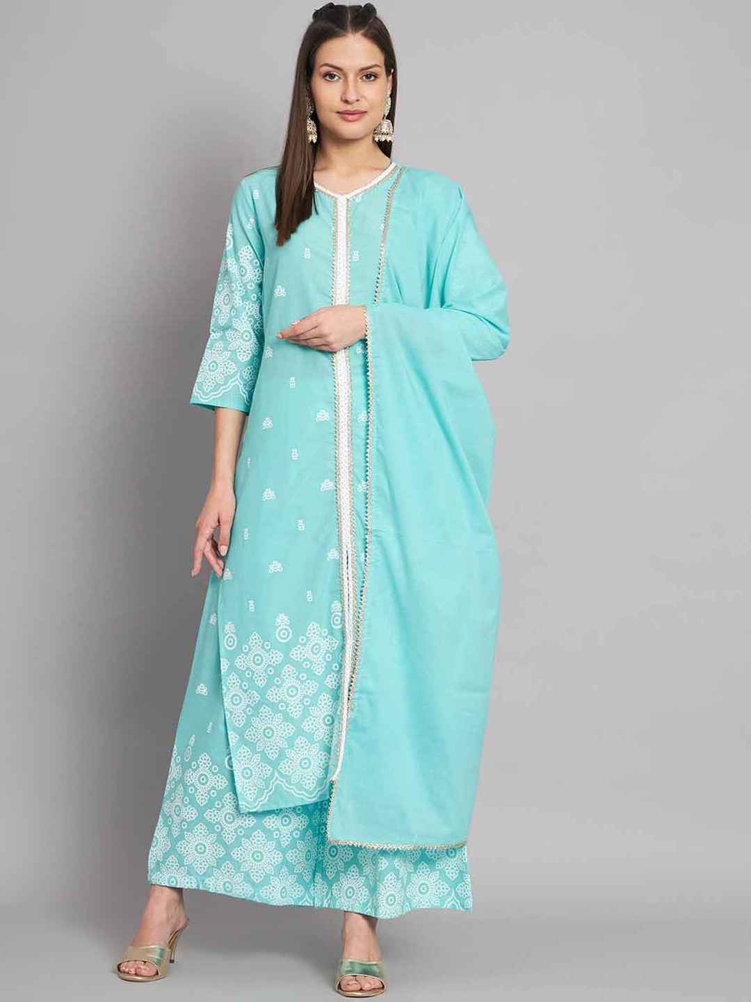 

KALINI Ethnic Motifs Printed Gotta Patti Detail Pure Cotton Kurta & Palazzos With Dupatta, Turquoise blue