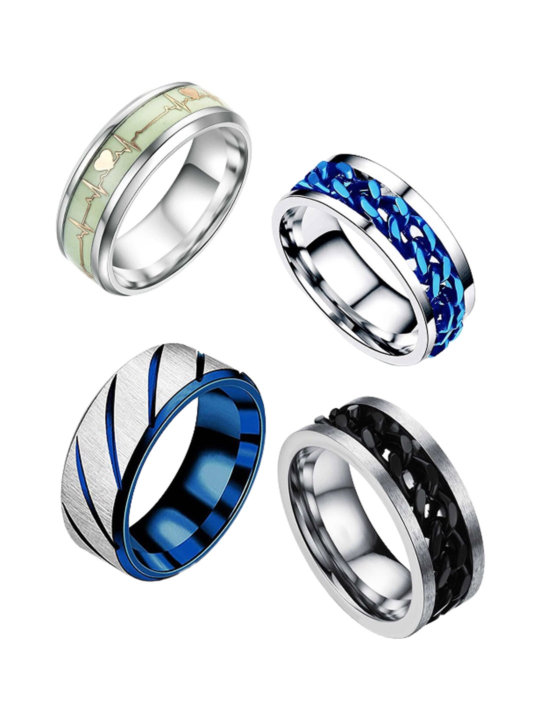 

MEENAZ Unisex Pack of 4 Silver-Plated Stainless Steel Rings