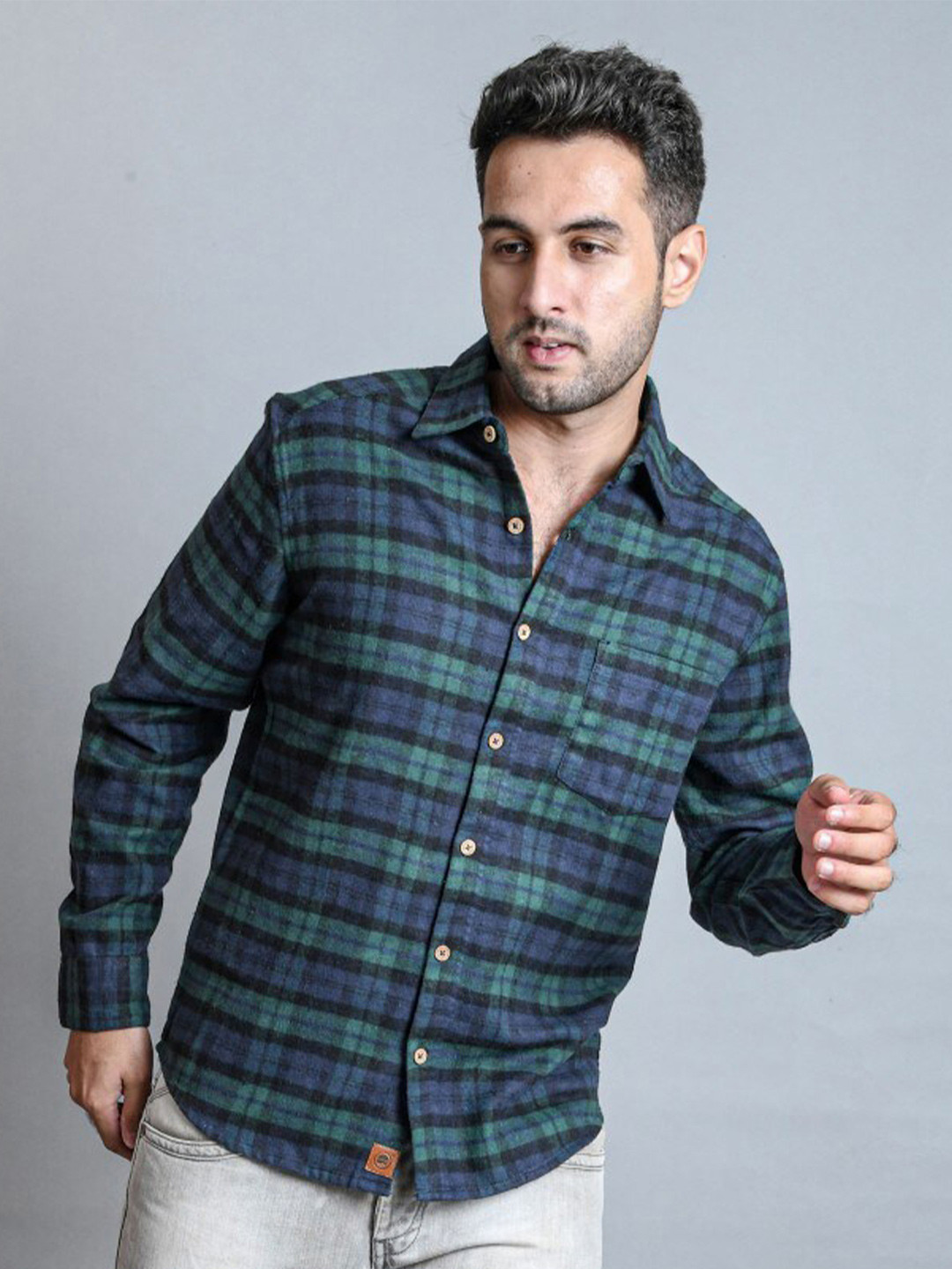 

BOMBAY TROOPER Tartan Checked Cotton Flannel Comfort Opaque Casual Shirt, Navy blue