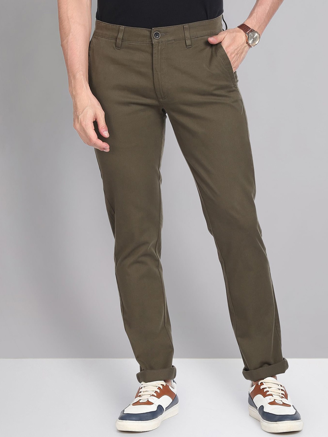 

AD By Arvind Modern Slim Fit Smart Waist Solid Chinos, Green