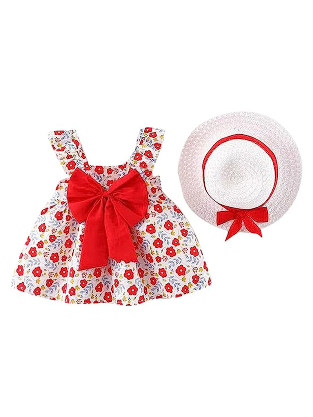 

APNISHA Girls Floral Printed Square Neck Bow Fit & Flare Dress, Red