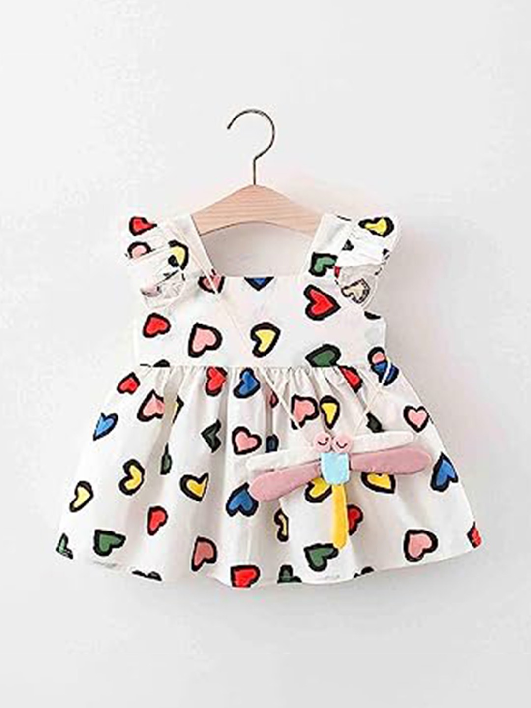 

APNISHA Girls Printed Flutter Sleeve Fit & Flare Dress, White