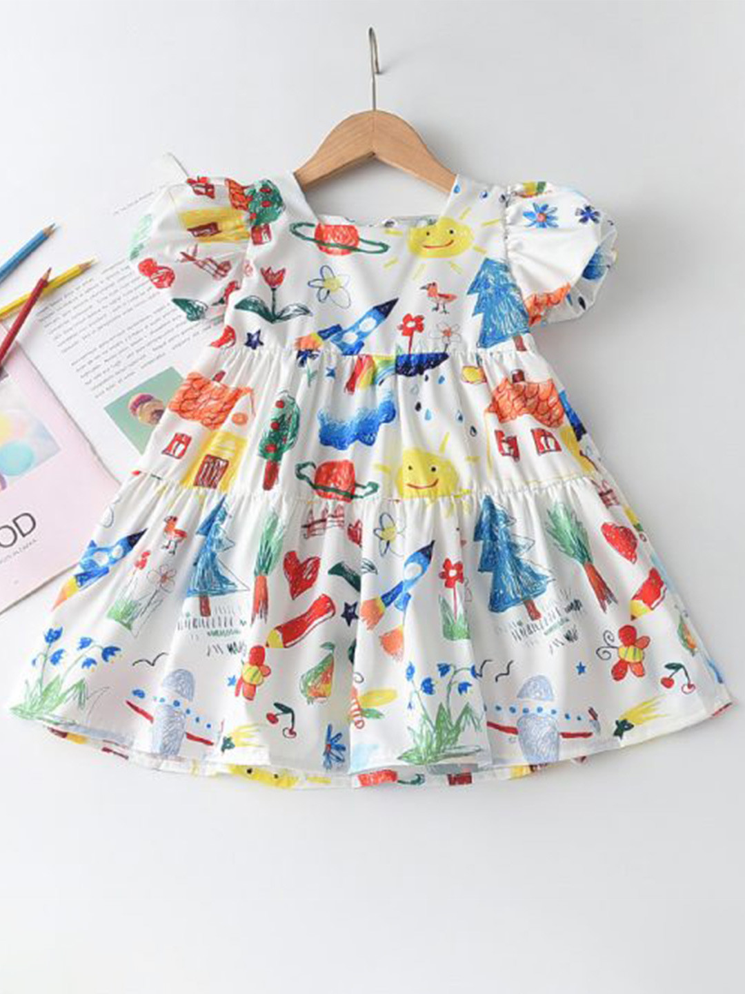 

APNISHA Girls Conversational Printed Square Neck Puff Sleeves Fit & Flare Dress, White