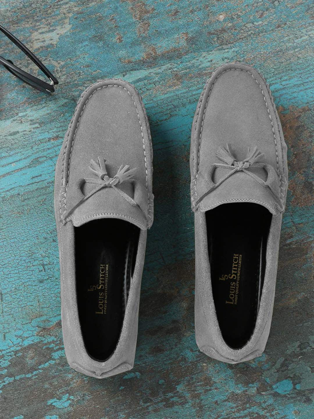 

LOUIS STITCH Men Classic Handmade Suede Tassel Driving Loafers, Grey