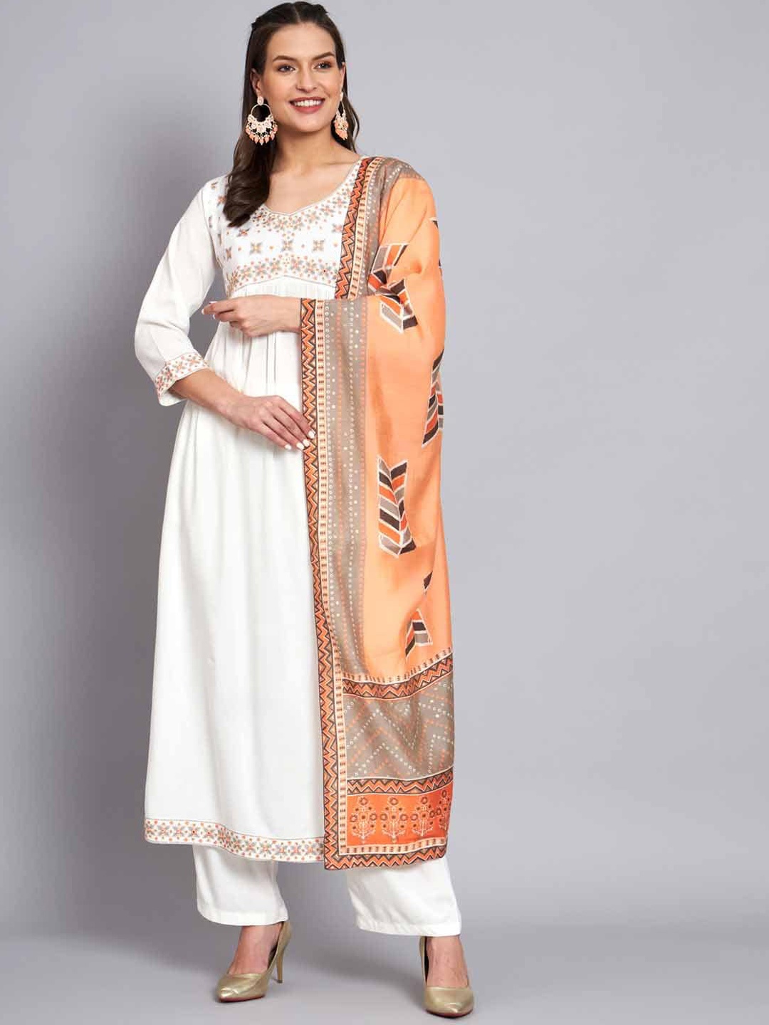 

Nehamta Floral Embroidered V-Neck Mirror Work A-Line Kurta & Dupatta, White