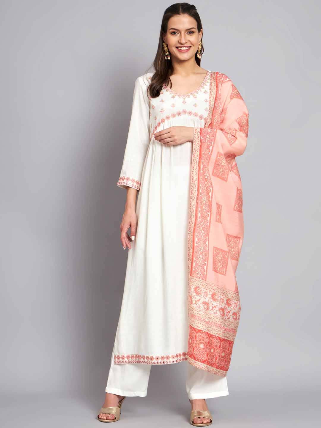 

Nehamta Floral Embroidered Mirror Work A-Line Kurta & Dupatta, White