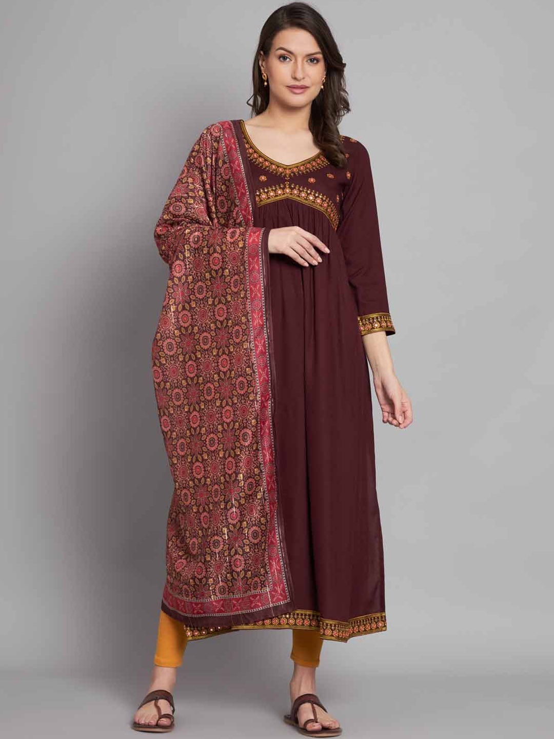 

Nehamta Ethnic Motifs Embroidered Kurta With Legging & Dupatta, Maroon