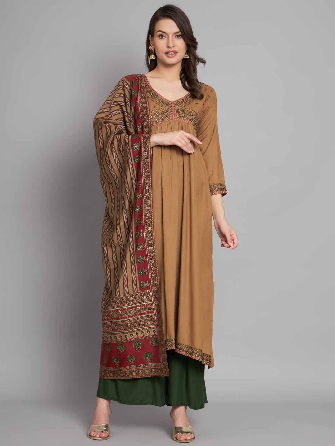 

Nehamta Ethnic Motifs Embroidered Kurta With Palazzo & Dupatta, Brown
