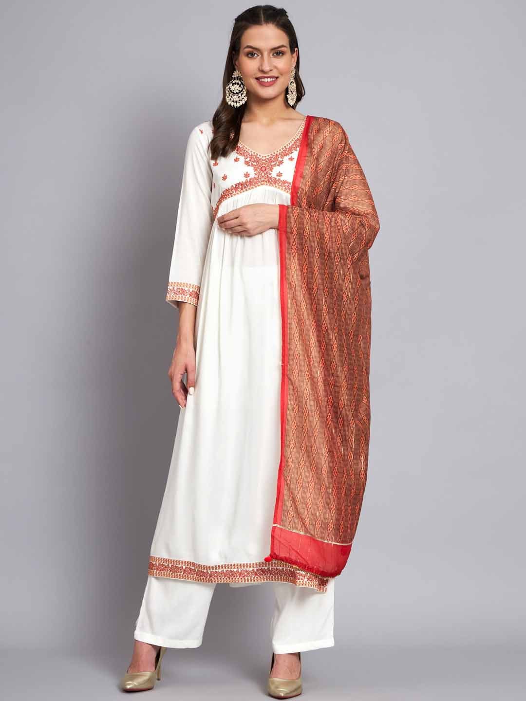 

Nehamta Ethnic Motifs Embroidered Kurta With Palazzo & Dupatta, White