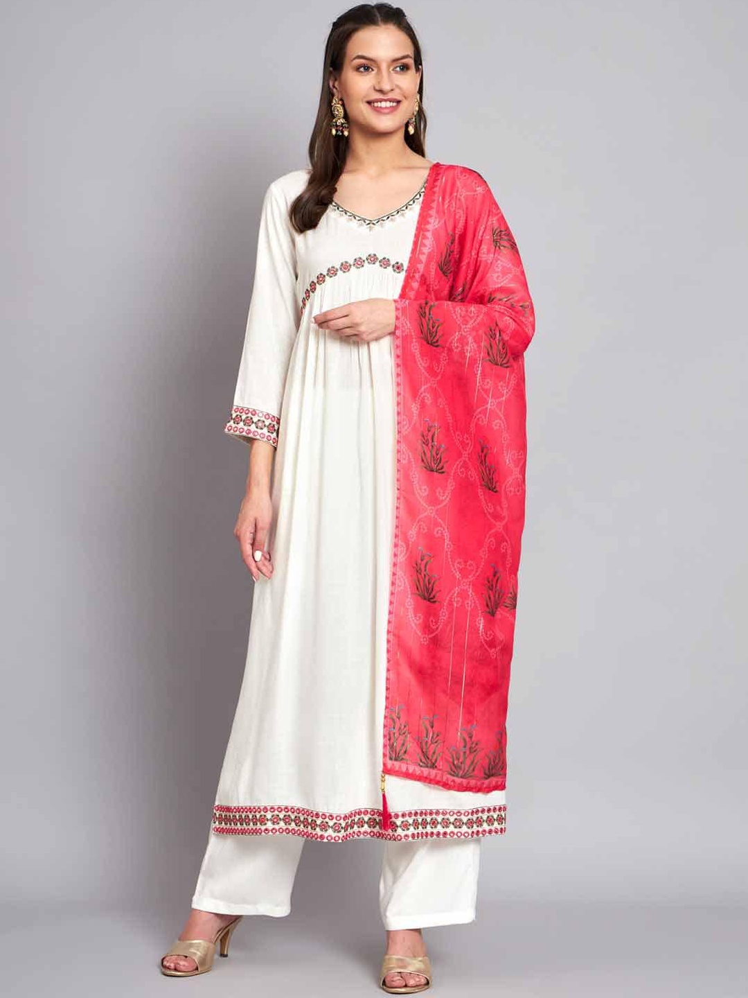 

Nehamta Women Floral Embroidered Mirror Work A-Line Kurta with Dupatta, White