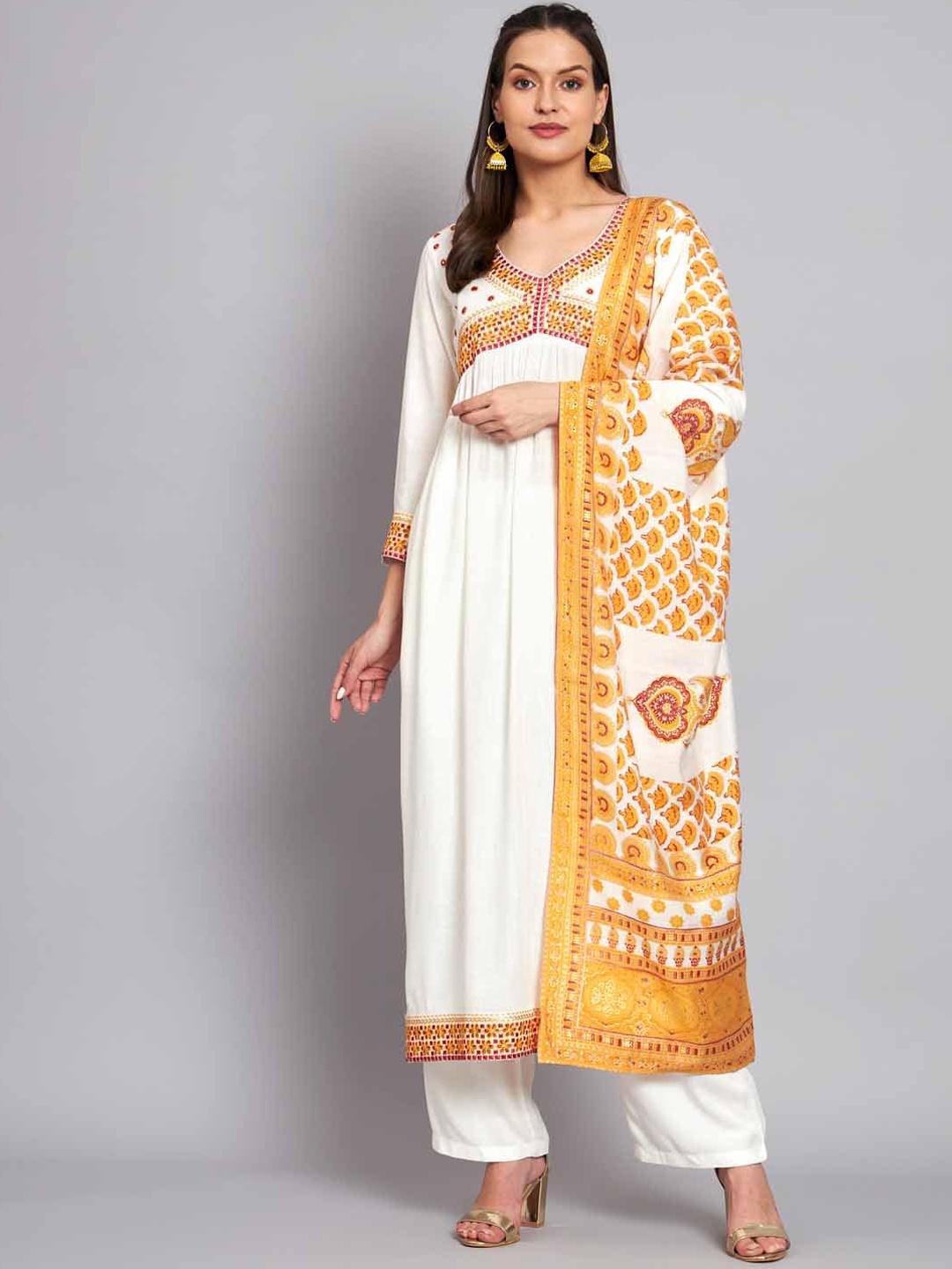 

Nehamta Women Floral Embroidered Mirror Work Floral A-Line Kurta with Dupatta, White