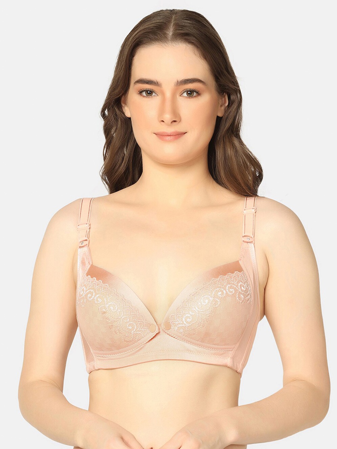 

MAMMA PRESTO Lace Detail Non-Wired Lightly Padded Nursing Maternity Bra Anti Bacterial, Peach