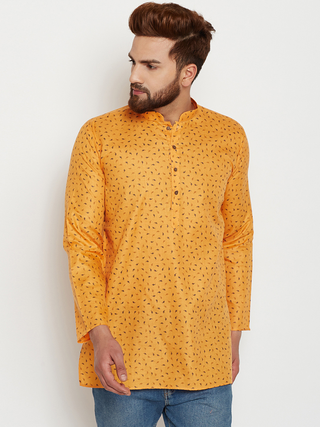 

SOJANYA Men Mustard Yellow Printed Straight Kurta