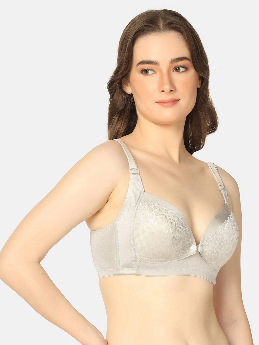 

MAMMA PRESTO Non-Wired Lightly Padded Front Open Lace Design Nursing Bra Anti Bacterial, Grey